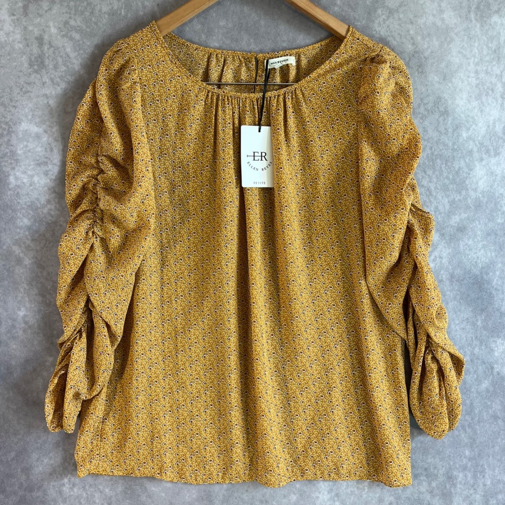 Max Studio Blouse Women Large Mustard Yellow‎ Ruched Sleeve Geometric Print NEW